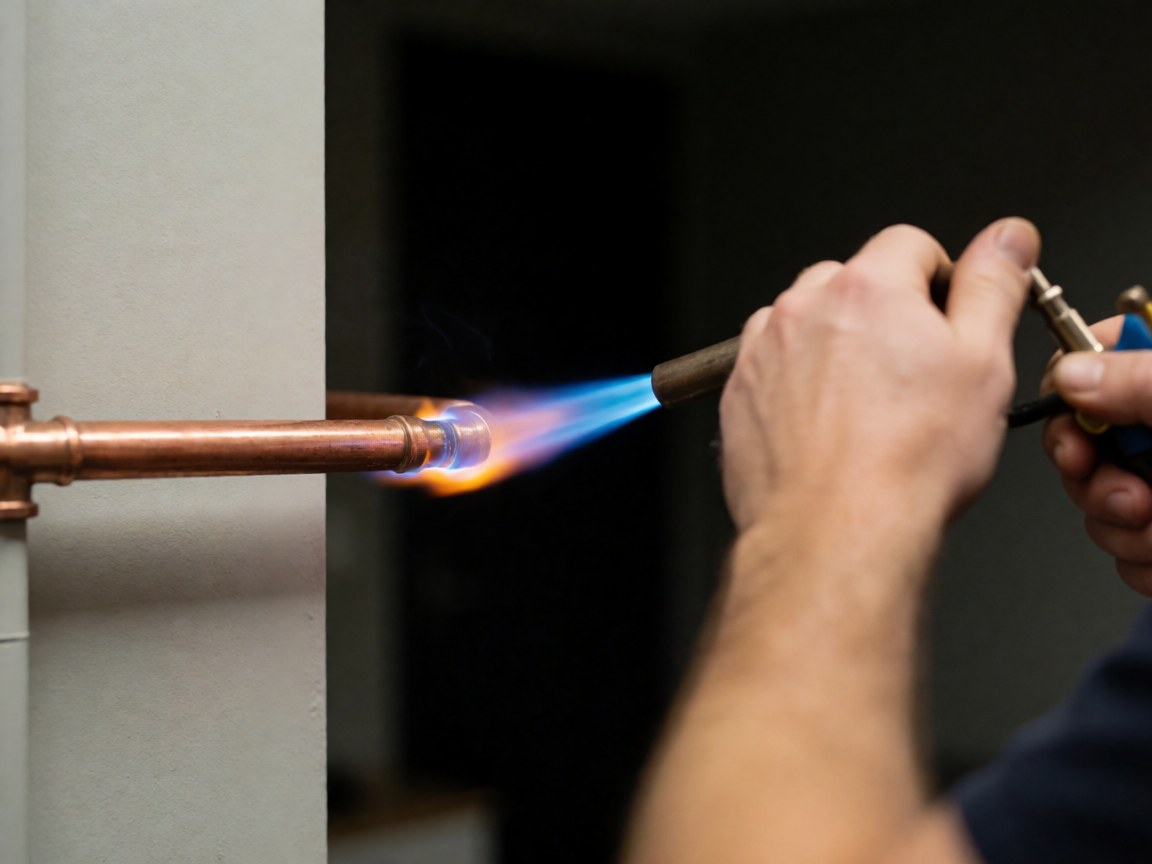 Main tenant un chalumeau à flamme bleue pour souder un raccord de tuyau en cuivre contre un mur gris lors d'une intervention de réparation.