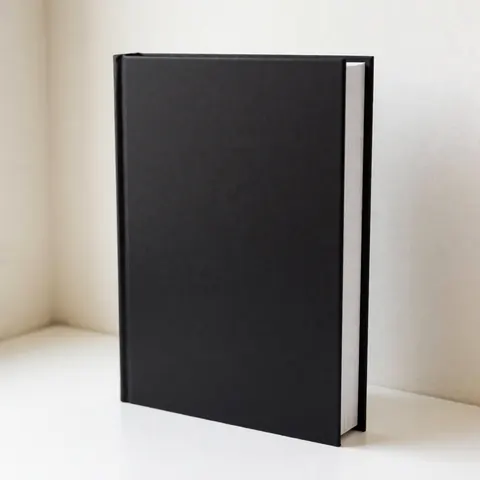Livre avec une couverture noire mate et des pages blanches posé sur une surface blanche devant un mur chaud avec une lumière douce pour la photographie de produit.