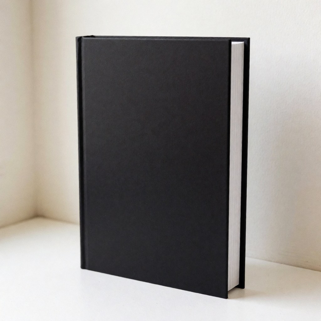 Livre avec une couverture noire mate et des pages blanches posé sur une surface blanche devant un mur chaud avec une lumière douce pour la photographie de produit.