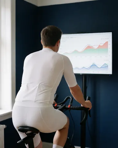 Un homme sur un vélo d'appartement observe des graphiques de performance sur un écran dans une pièce aux murs bleu foncé avec lumière naturelle.