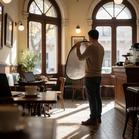 Un photographe tient un réflecteur à l'intérieur d'un café historique aux fenêtres arquées, au sol carrelé et aux tables en bois, baigné de lumière naturelle.