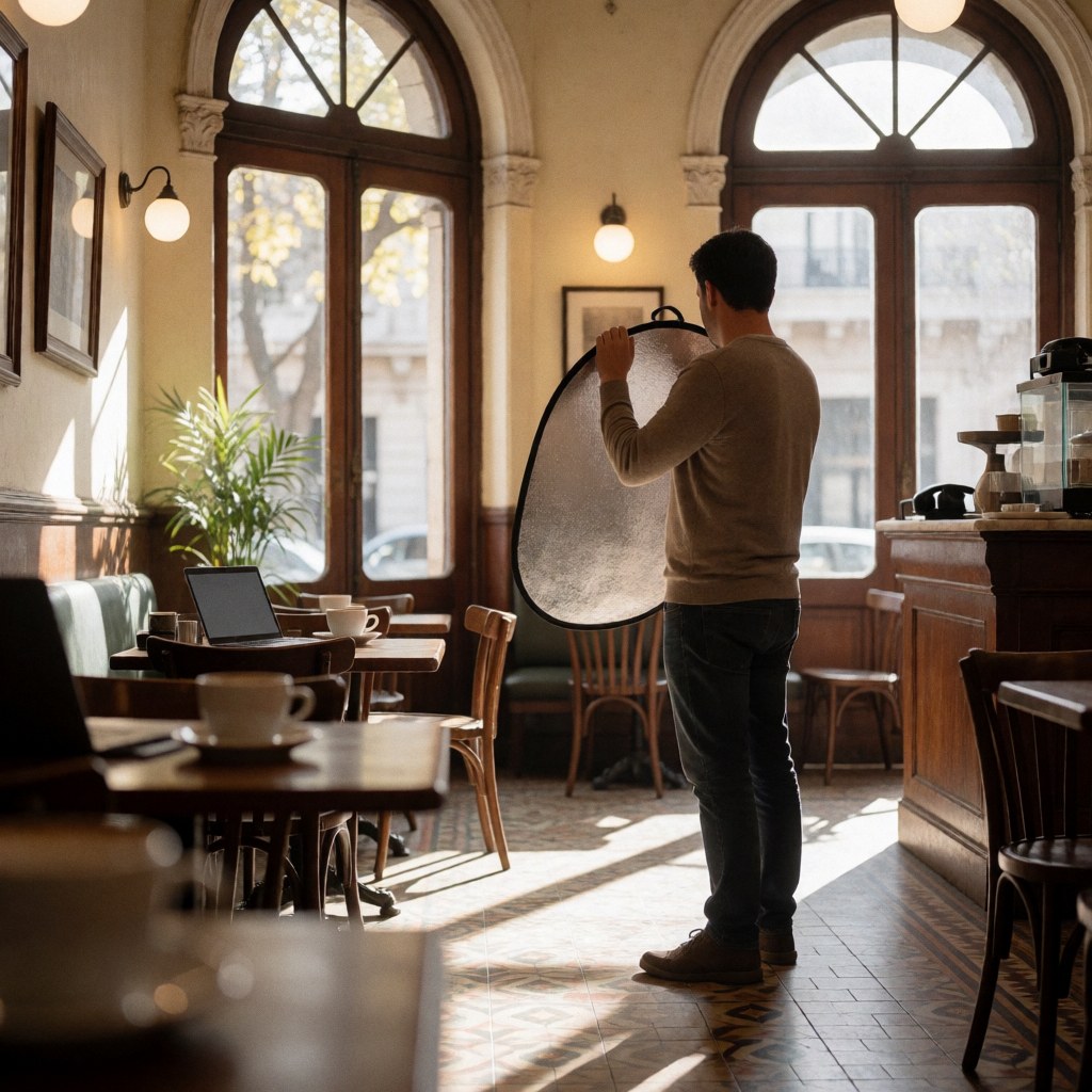 Un photographe tient un réflecteur à l'intérieur d'un café historique aux fenêtres arquées, au sol carrelé et aux tables en bois, baigné de lumière naturelle.