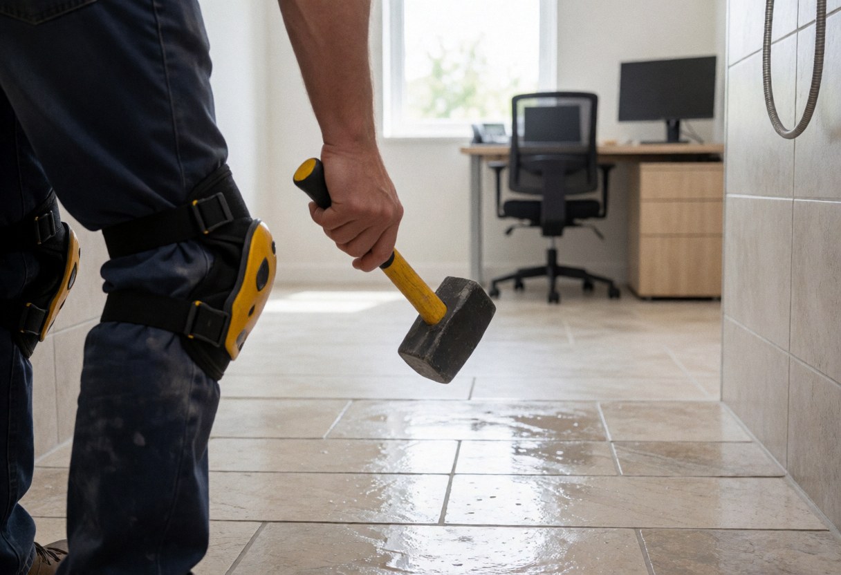 Un professionnel du carrelage équipé de genouillères et tenant un marteau, travaillant sur le sol et les murs d'une salle de bain en cours de rénovation.