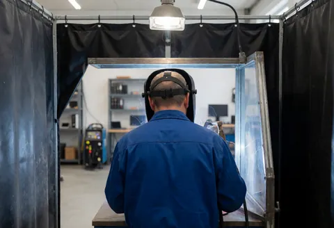 Soudeur portant un casque noir travaillant dans une cabine de soudage industrielle avec une lumière vive et un arrière-plan d'atelier ordonné.