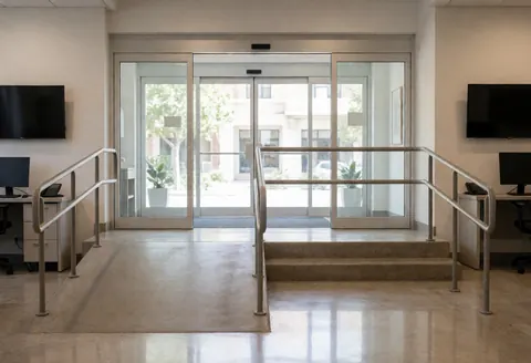 Entrée moderne et accessible dotée d'une rampe et d'une porte automatique, idéale pour un centre de bien-être proposant des massages aux ventouses.