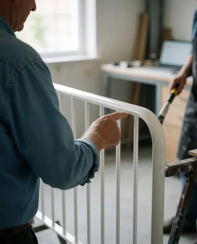 Une cliente souriante pointe du doigt une rambarde en métal fraîchement peinte en blanc dans un atelier de soudure industriel, avec des outils et une lumière naturelle.
