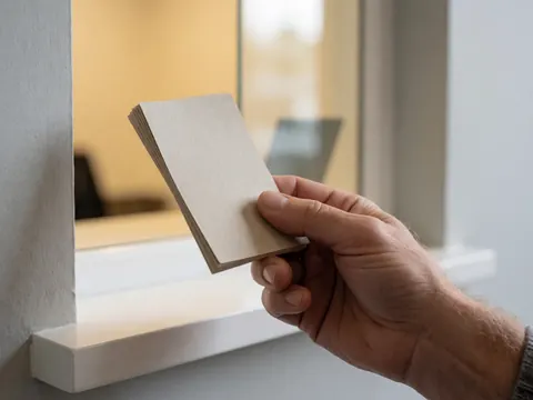 Une main tenant des tickets d'entrée près d'une fenêtre de billetterie, avec un éclairage chaleureux et un mur gris clair en arrière-plan.