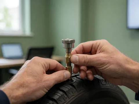 Des mains ajustent la valve d'un pneu dans un atelier avec des murs verts et une lumière naturelle, illustrant le service de réparation de pneus.