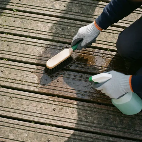 Des mains portant des gants de protection utilisent un brossage et du détergent pour éliminer la mousse sur une terrasse extérieure en bois.