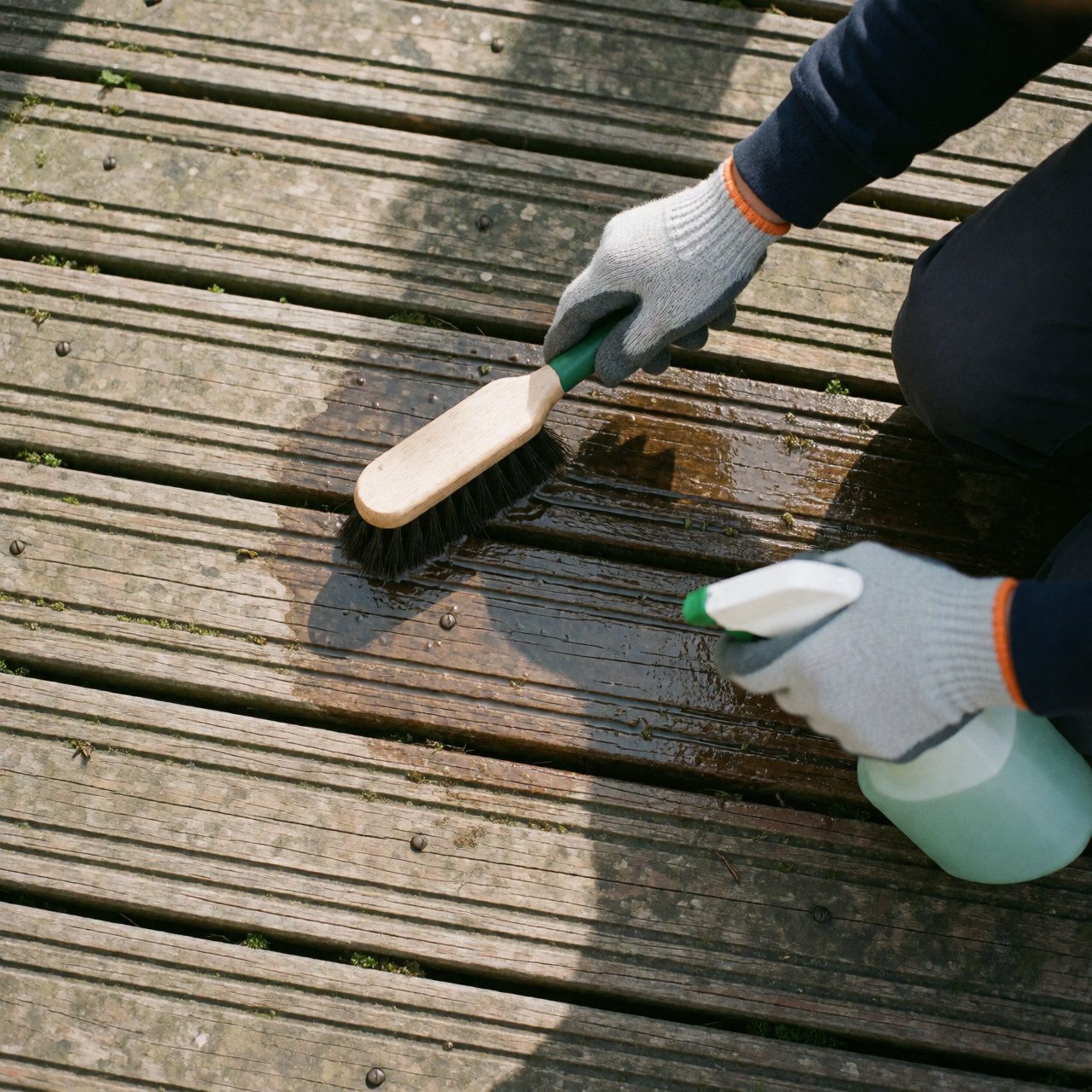 Des mains portant des gants de protection utilisent un brossage et du détergent pour éliminer la mousse sur une terrasse extérieure en bois.