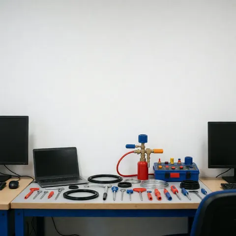 Équipe de réparation de chaudières avec clés, tuyaux et kit de test de pression sur une table de travail dans un atelier.