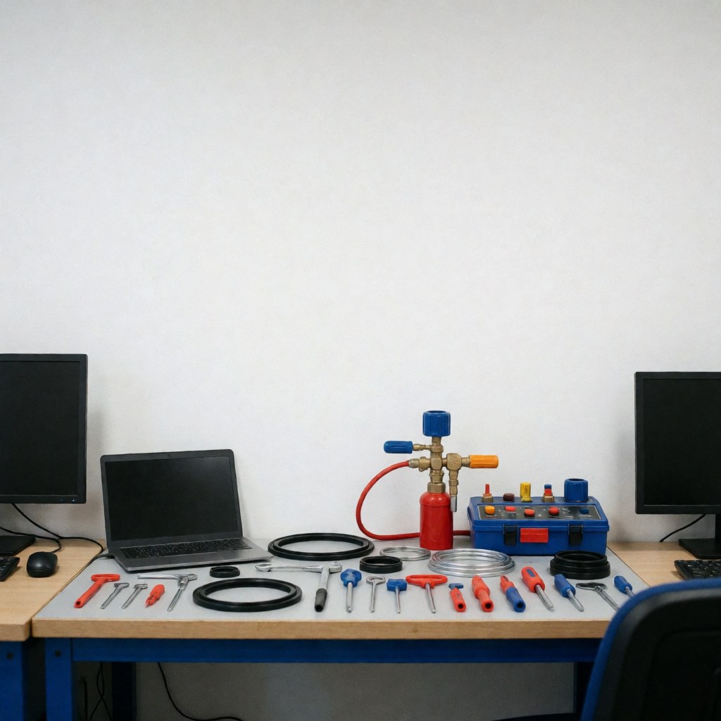 Équipe de réparation de chaudières avec clés, tuyaux et kit de test de pression sur une table de travail dans un atelier.