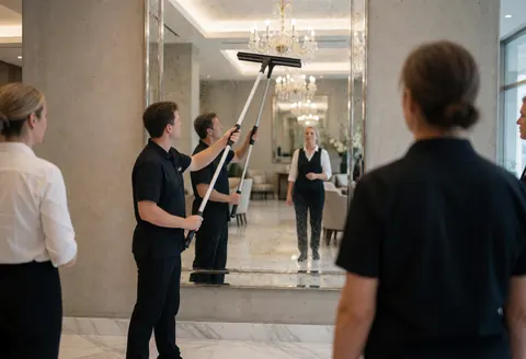 Un employé nettoie un grand miroir dans le hall d'un hôtel avec une raclette, reflétant un lustre élégant et un sol en marbre.