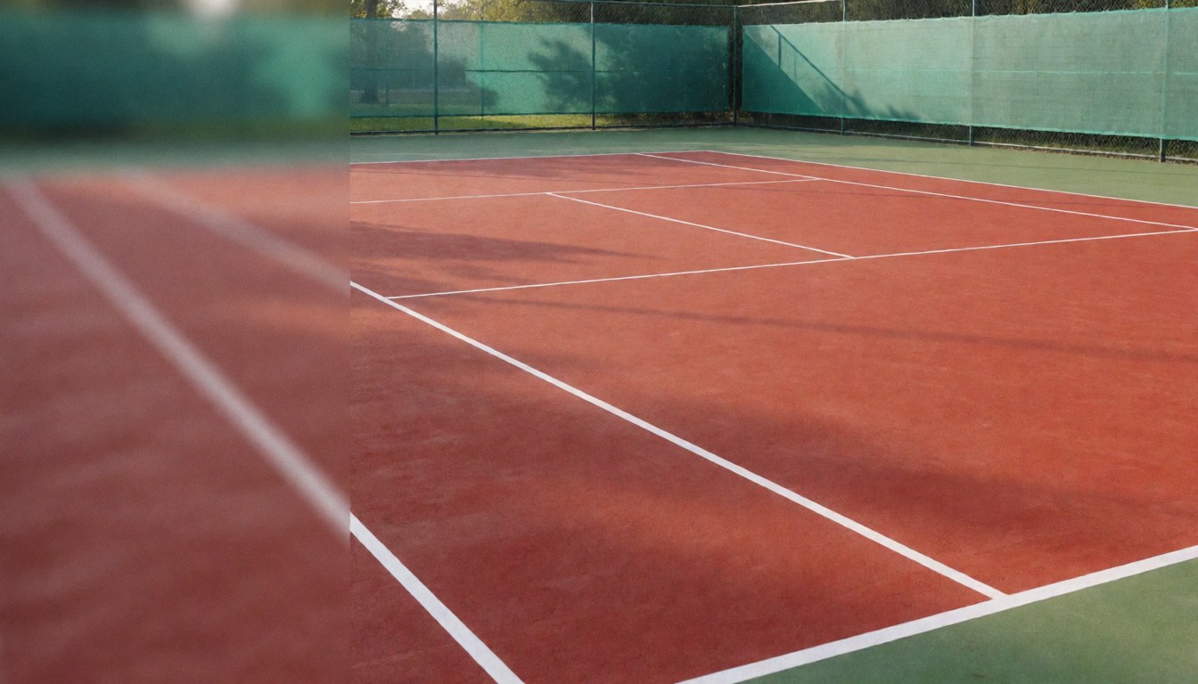 Détail d'un court de tennis en terre battue rouge marqué de lignes blanches, entouré d'une clôture verte, servant de fond neutre pour un texte promotionnel lié au sport.