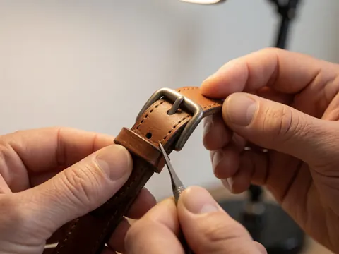 Mains utilisant un outil pour ajuster une boucle de ceinture en cuir marron sur fond blanc, avec détails de couture et de métal.