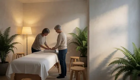 Un thérapeute réalise un massage sur une table blanche dans un espace de réflexologie avec des plantes et une lumière chaleureuse.