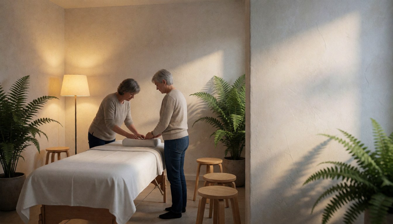 Un thérapeute réalise un massage sur une table blanche dans un espace de réflexologie avec des plantes et une lumière chaleureuse.