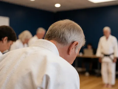 Un adulte portant un gi blanc s'incline avec respect dans un dojo aux murs bleus, illustrant la discipline du karaté.