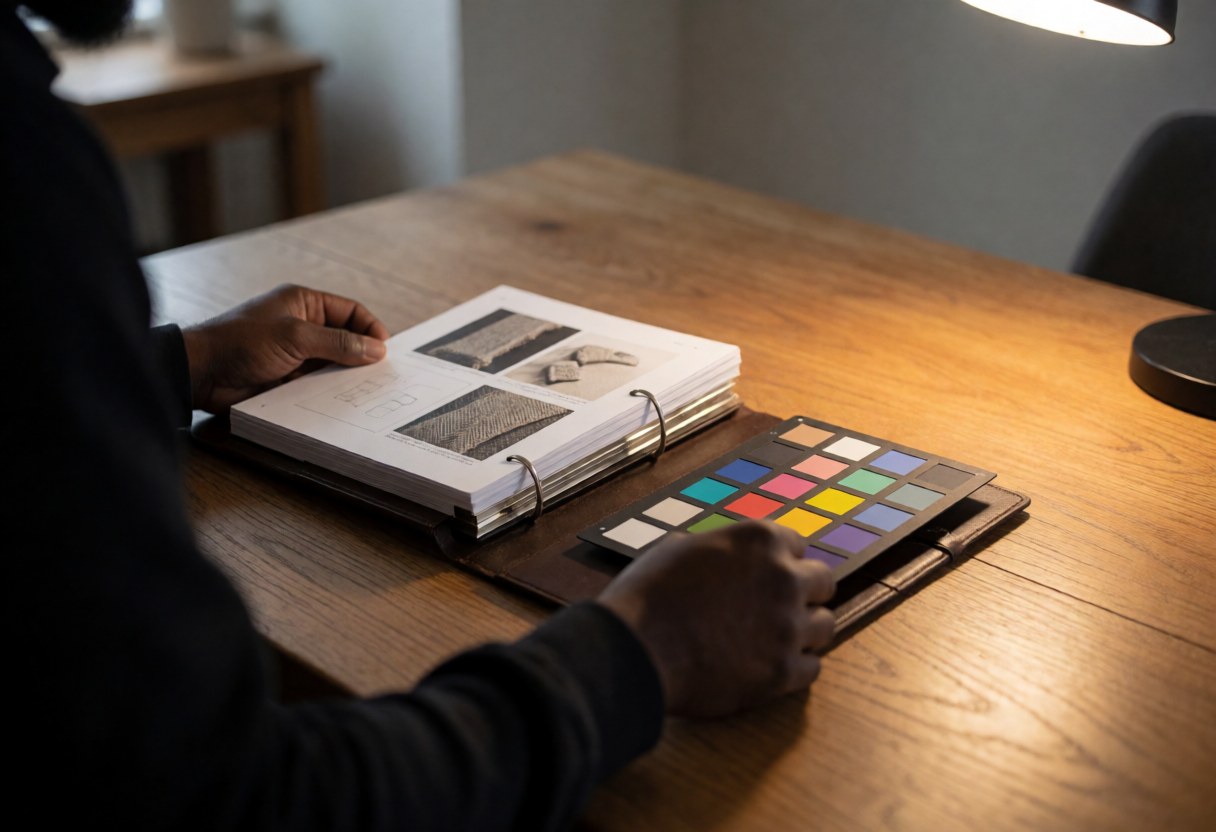 Une main ajuste une carte de couleur sur une table en bois, dans le cadre d'un service de photographie de portrait professionnel.