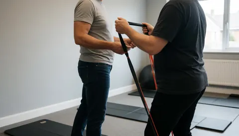Un thérapeute accompagne un patient lors d'un exercice en salle de rééducation, utilisant une bande élastique sur des tapis au sol.