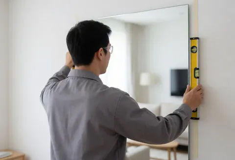 Un homme en uniforme gris installe un grand miroir sur un mur blanc à l'aide d'un niveau jaune, reflétant un intérieur moderne et lumineux.