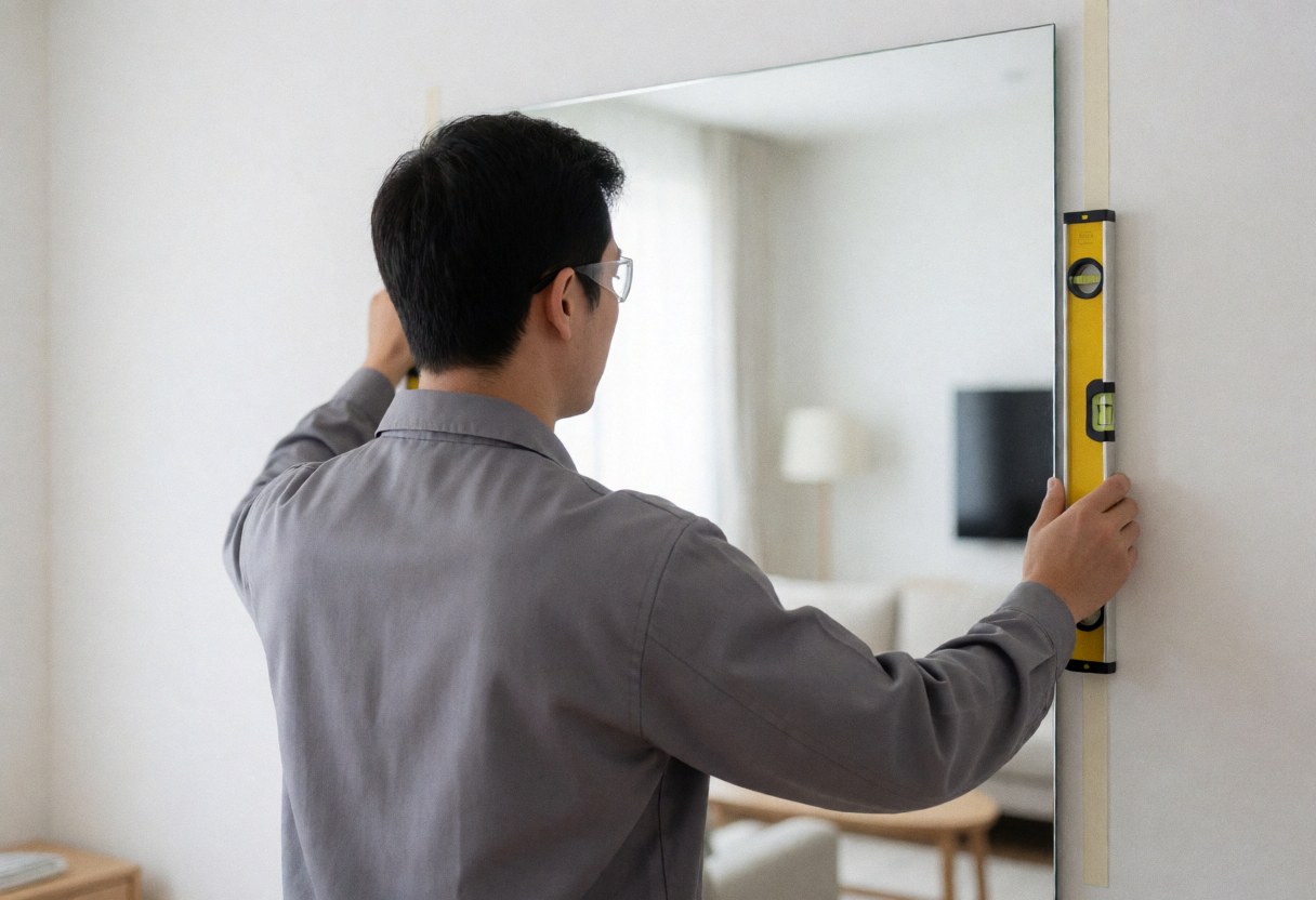 Un homme en uniforme gris installe un grand miroir sur un mur blanc à l'aide d'un niveau jaune, reflétant un intérieur moderne et lumineux.