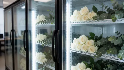 Intérieur d'un réfrigérateur de fleuriste avec des roses blanches et de l'eucalyptus sur des étagères métalliques, éclairage froid et propre.