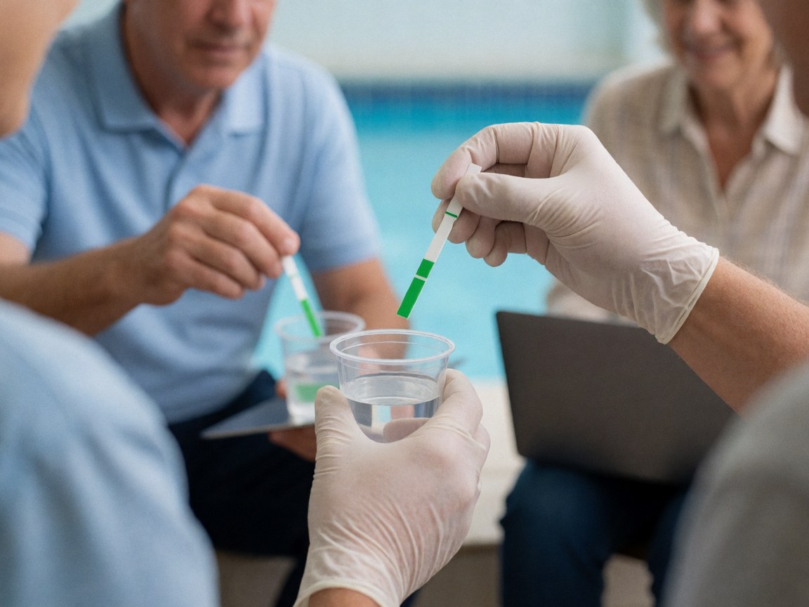 Main gérée tenant une bandelette de test de chlore au-dessus d'un verre contenant de l'eau de piscine dans un contexte d'entretien.