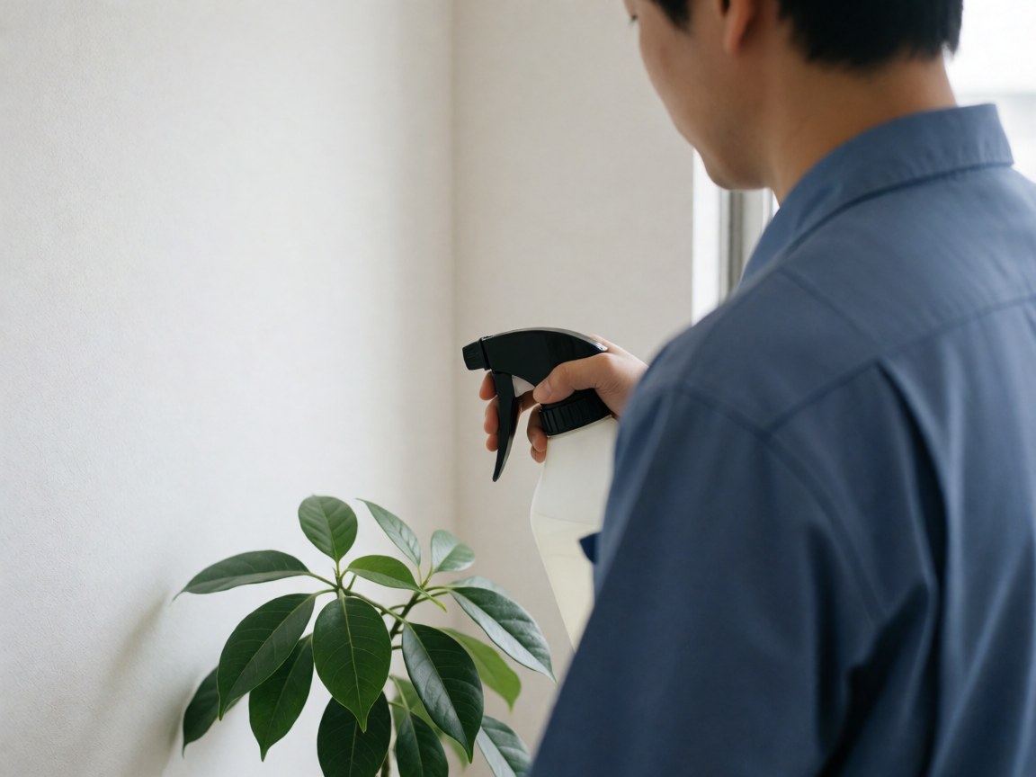 Un jardinier en chemise bleuse utilise un pulvérisateur pour traiter une plante verte près d'un mur blanc.