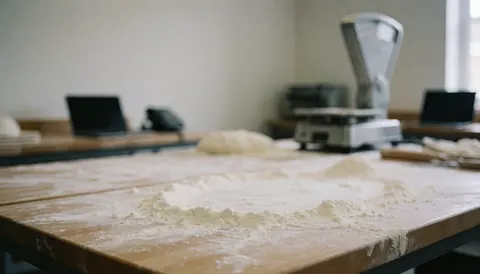 Morceau de pain sur une table en bois recouverte de farine à côté d'une balance industrielle dans un atelier de boulangerie.