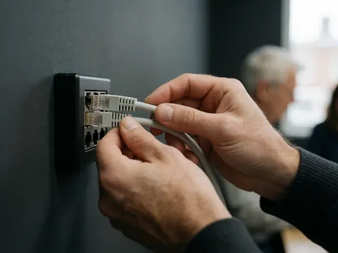 Gros plan de mains branchant un câble réseau Ethernet sur une prise murale grise, illustrant l'installation technique et la sécurité des données en entreprise.