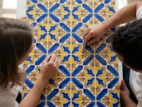 Des mains d'artisan peignent à la main des carreaux de céramique aux motifs géométriques bleus et jaunes sous une lumière naturelle vive.