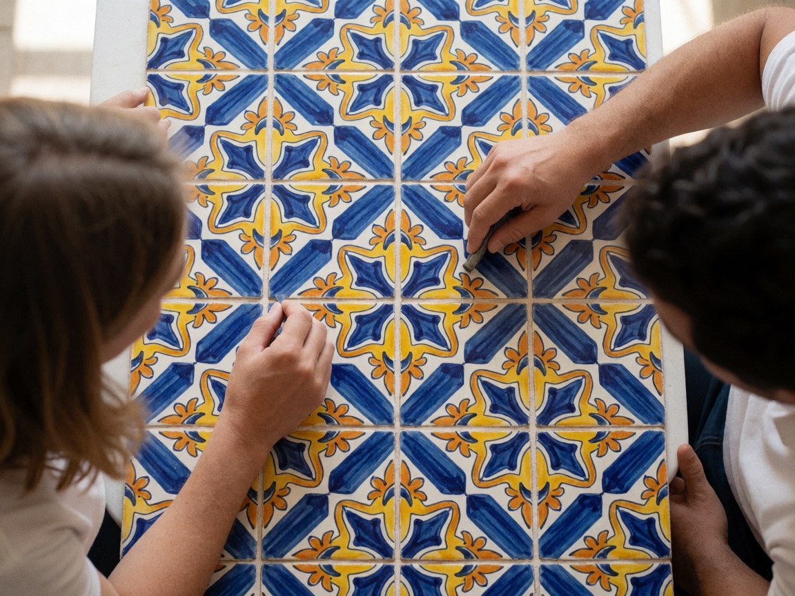 Des mains d'artisan peignent à la main des carreaux de céramique aux motifs géométriques bleus et jaunes sous une lumière naturelle vive.
