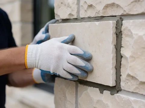 Une main portant un gant de travail appuie un panneau de pierre beige sur une façade extérieure, avec de l'adhésif gris visible sur les bords pour la construction.