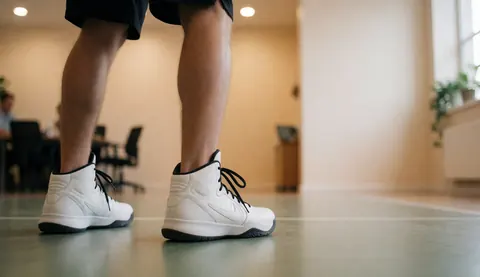Vue arrière de chaussures de basketball blanches à lacets noirs posées sur un sol de gymnase beige, idéal pour une page d'accueil web.