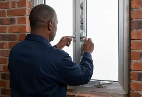 Un installateur ajuste le mécanisme d'une fenêtre dans une maison avec mur en briques apparentes sous une lumière vive.