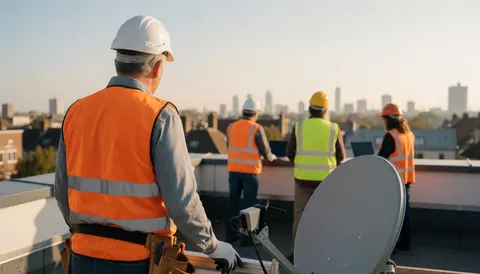 Technicien en tenue de sécurité installant une antenne satellite sur un toit avec une vue urbaine en arrière-plan.