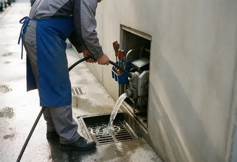 Un technicien utilise un câble et une machine pour nettoyer un drain intégré dans un mur en béton, avec des outils visibles lors d'une intervention de réparation.