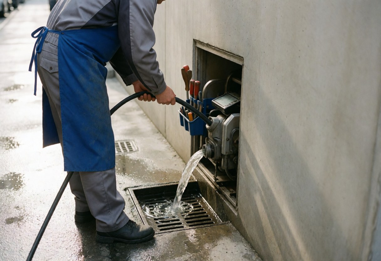 Un technicien utilise un câble et une machine pour nettoyer un drain intégré dans un mur en béton, avec des outils visibles lors d'une intervention de réparation.