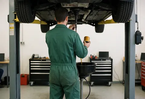 Un mécanicien en combinaison verte vide l'huile d'une voiture surélevée dans un récipient noir, entouré d'outils et de tiroirs dans un atelier propre et professionnel.