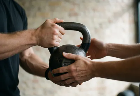 Un entraîneur personal trainer remet un kettlebell à un client dans un gymnase avec mur en briques et équipement visible.