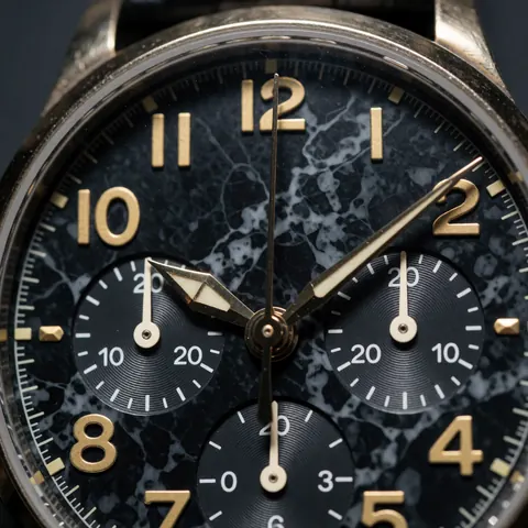 Fermoir de montre-bracelet avec cadran en marbre noir et chiffres dorés, montrant les aiguilles et le sous-cadran chronographe en détail pour photographe produit.