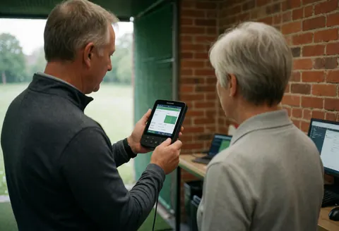 Un instructeur de golf montre des graphiques sur un écran à un client devant un mur en briques dans un environnement de pratique.