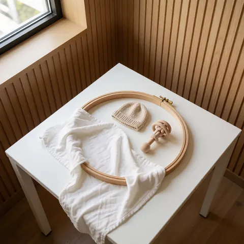 Kit de photo pour bébé avec couverture, bonnet et hochet sur table blanche, mur en bois et lumière naturelle.