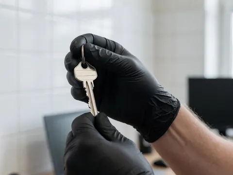 Une main portant un gant noir tient fermement une clé en métal dans un atelier de serrurerie aux murs carrelés blancs.
