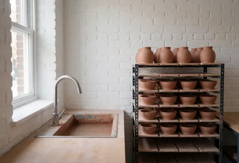 Intérieur d'un atelier de céramique présentant un évier en argile, des pots posés sur une étagère pour sécher, des murs en briques blanches et une lumière naturelle.