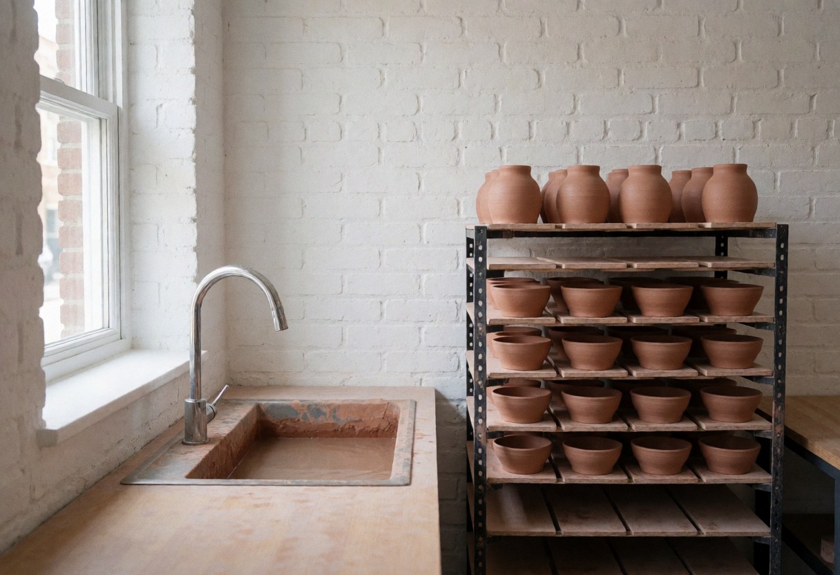 Intérieur d'un atelier de céramique présentant un évier en argile, des pots posés sur une étagère pour sécher, des murs en briques blanches et une lumière naturelle.