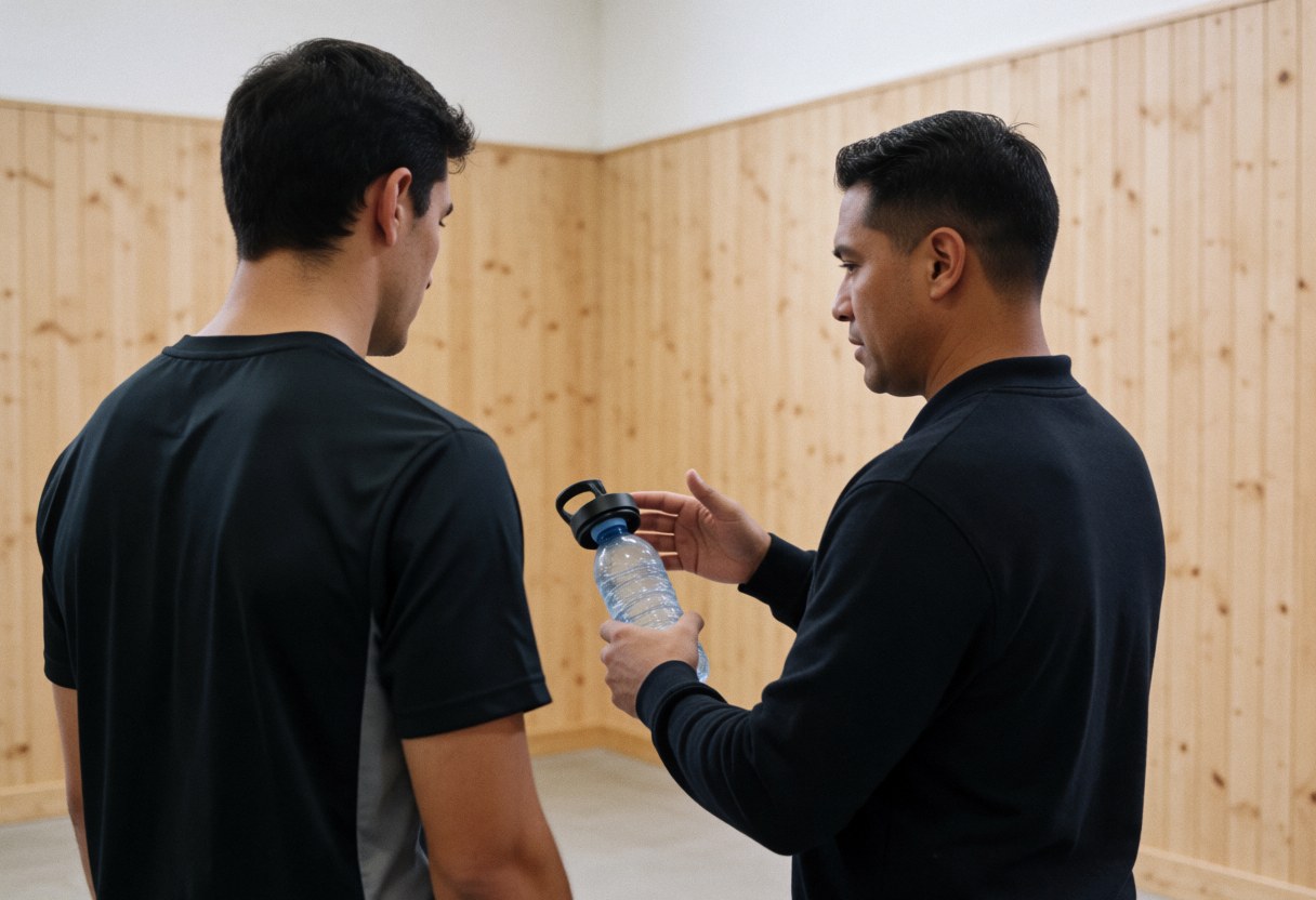 Un entraîneur de basket-ball explique l'importance de l'hydratation en tenant une bouteille d'eau face à un joueur dans un gymnase aux murs en bois.