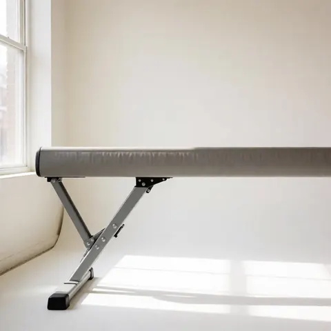 Équipement de gymnastique portable avec structure métallique dans un studio aux murs blancs et à la lumière naturelle, idéal pour les professionnels de la gymnastique.