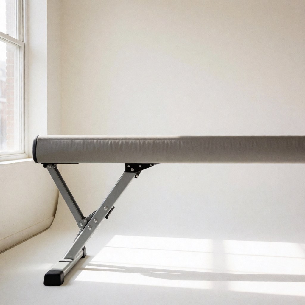 Équipement de gymnastique portable avec structure métallique dans un studio aux murs blancs et à la lumière naturelle, idéal pour les professionnels de la gymnastique.